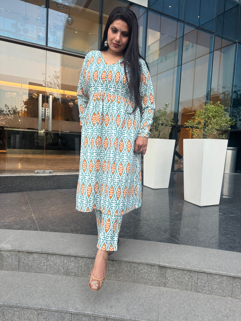 Blue Mustard Hand-Block Print Kurti and Pant