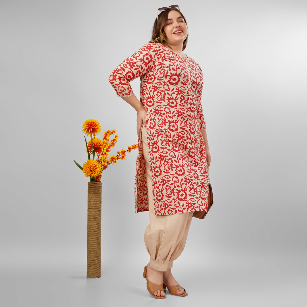 Red Hand-Block Print Kurti and Pant