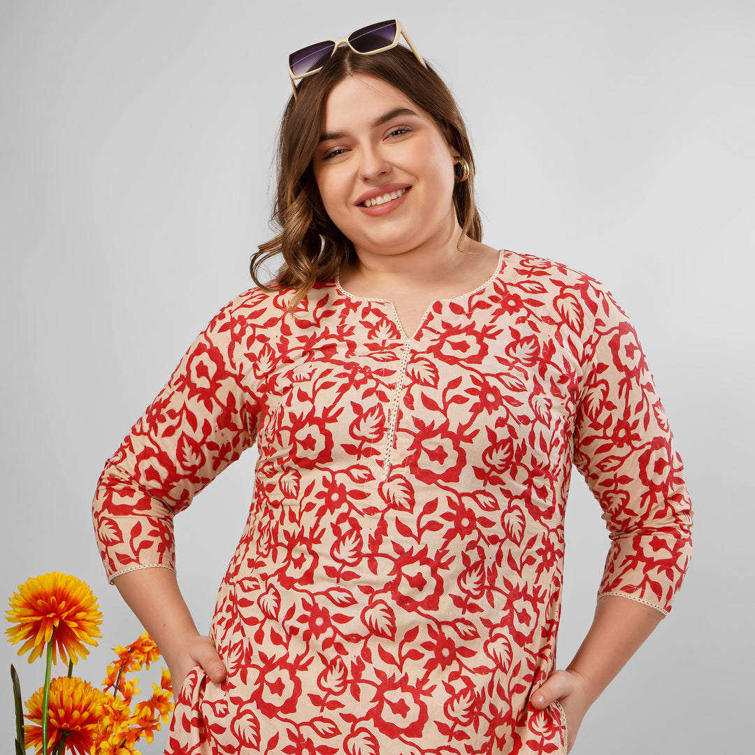 Red Hand-Block Print Kurti and Pant