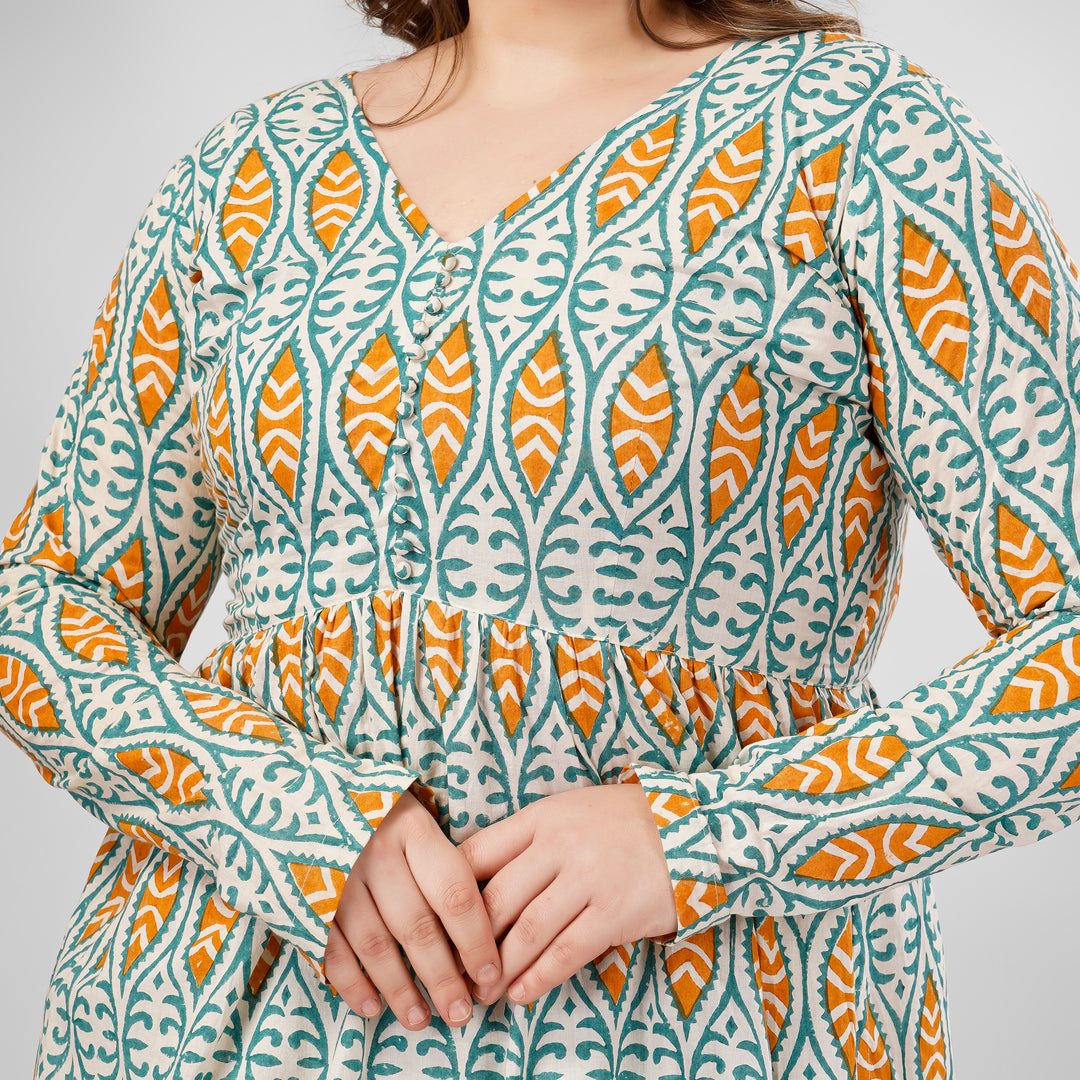 Blue Mustard Hand-Block Print Kurti and Pant