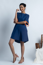 Load image into Gallery viewer, Navy Blue Mirror-work Dress with Tassels