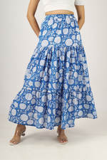 Load image into Gallery viewer, Blue Hand-Block Printed Cotton Maxi Skirt