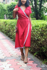 Load image into Gallery viewer, Red Hand-Embroidered Wrap Dress