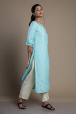 Load image into Gallery viewer, Blue Hand-Embroidered Kurti and Pant