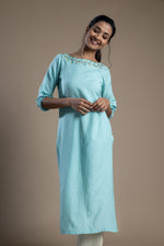 Load image into Gallery viewer, Blue Hand-Embroidered Kurti and Pant