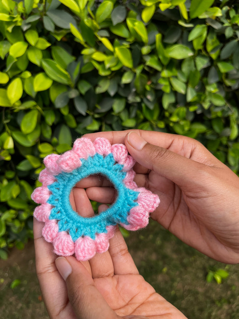 Pink tulip crochet scrunchie
