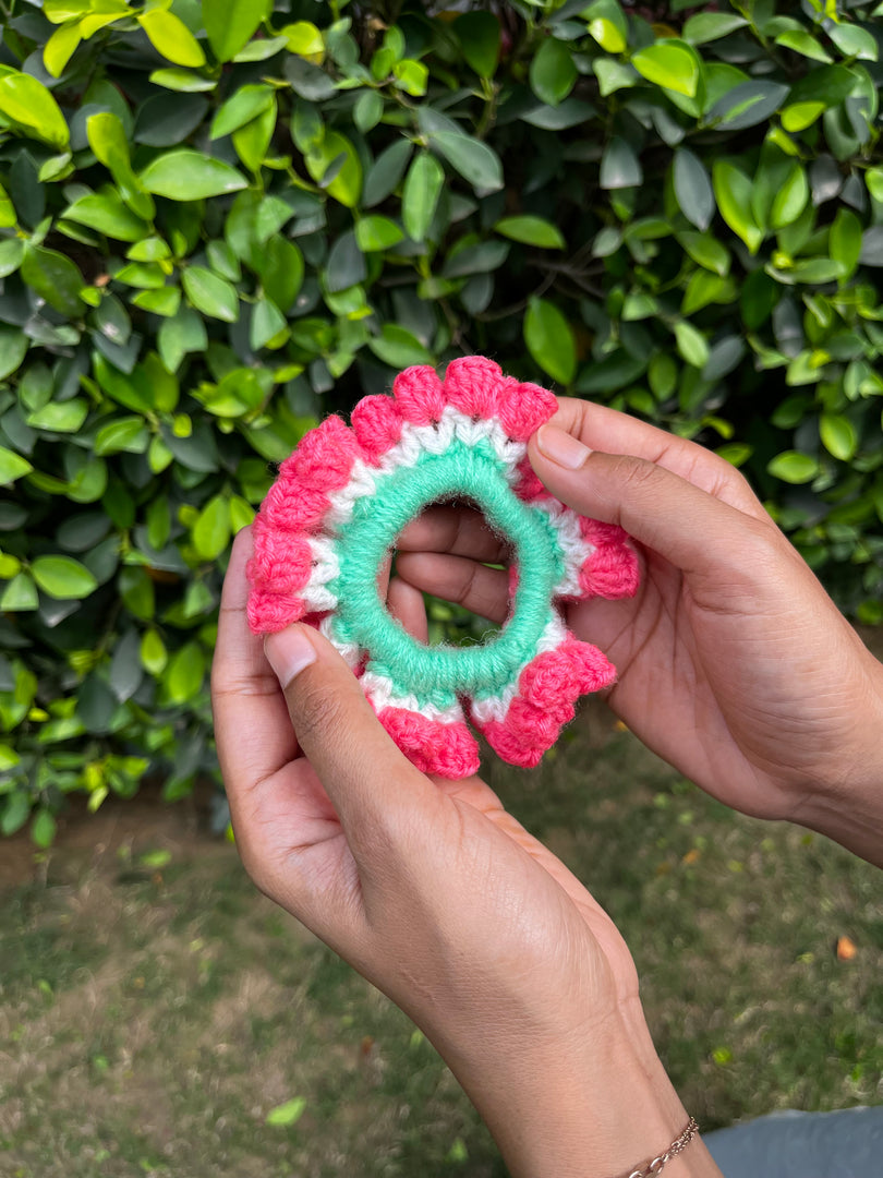 Pink tulip crochet scrunchie