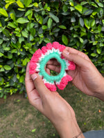Load image into Gallery viewer, Pink tulip crochet scrunchie
