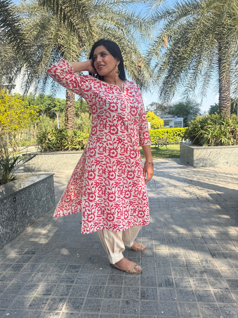Red Hand-Block Print Kurti and Pant
