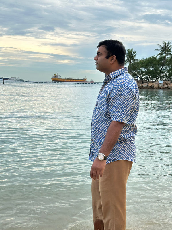 Navy Block Print Cotton Half Sleeve Men Shirt