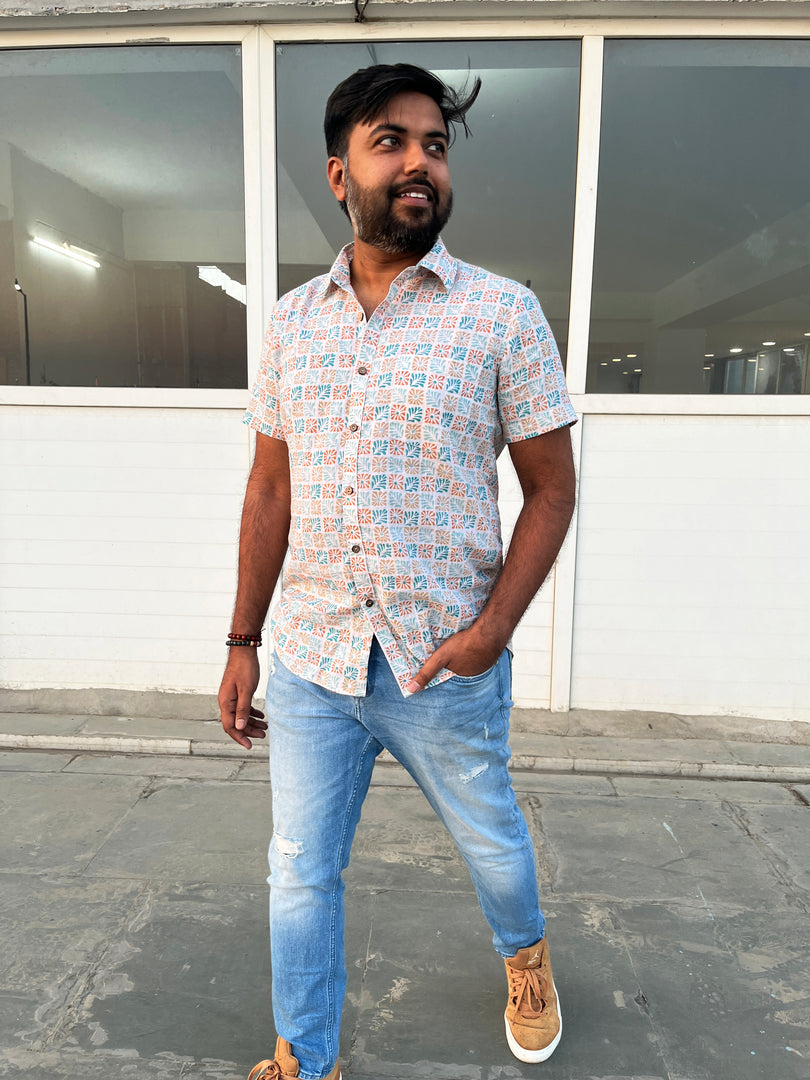 Retro Floral Daisy Cotton Half Sleeve Men Shirt