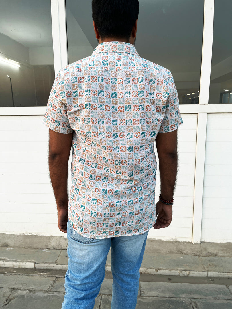 Retro Floral Daisy Cotton Half Sleeve Men Shirt