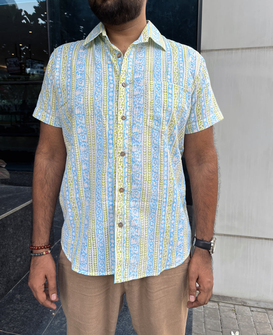 Blue Stripe Cotton Half Sleeve Men Shirt