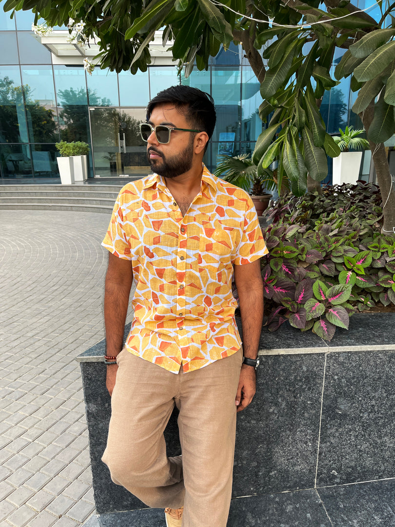 Orange Abstract Cotton Half Sleeve Men Shirt