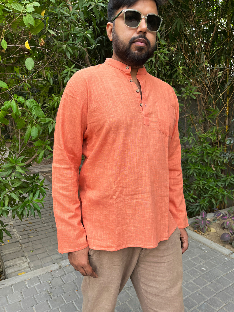 Orange Cotton Full Sleeve Men Kurta