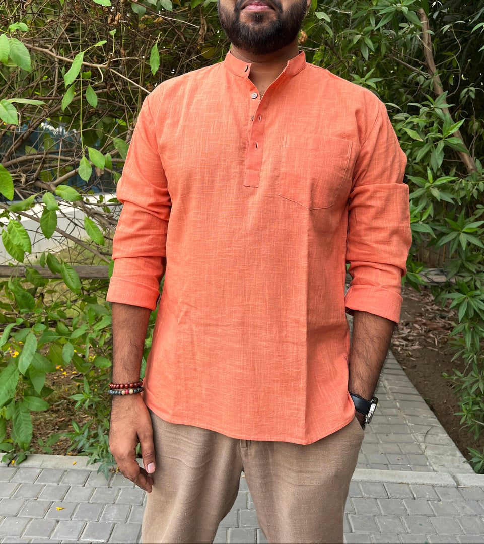 Orange Cotton Full Sleeve Men Kurta