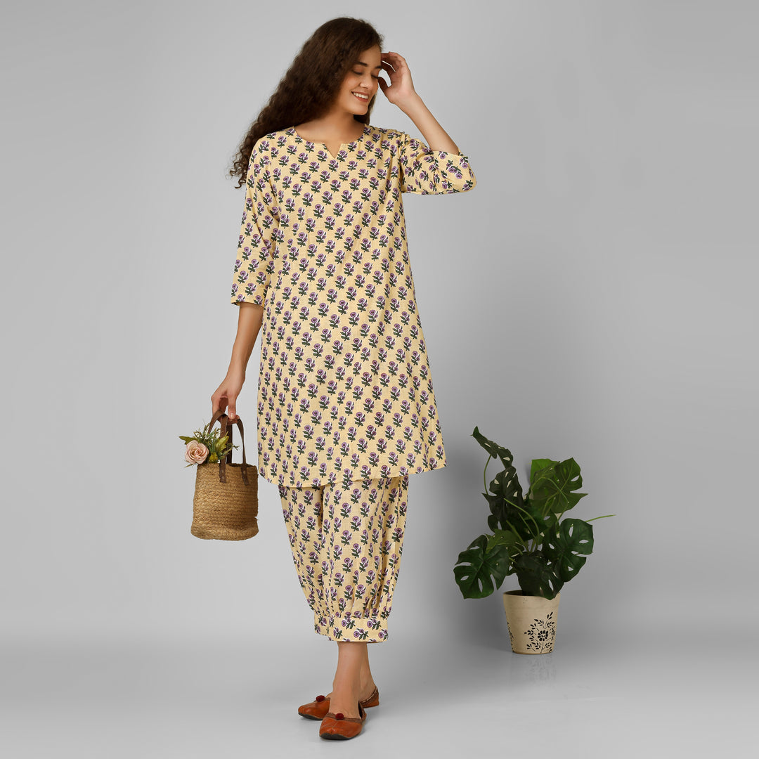 Beige Hand-Block Print Kurti and Pant (Copy)