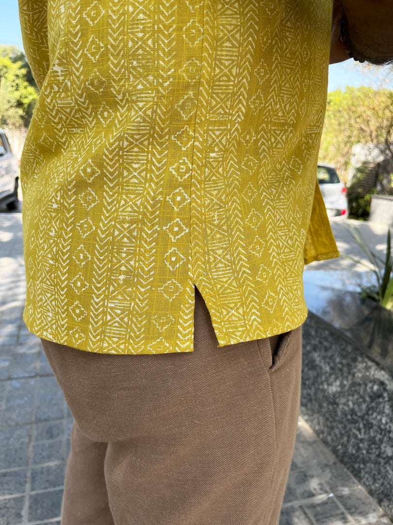 Mustard Block Print Cotton Half Sleeve Men Shirt