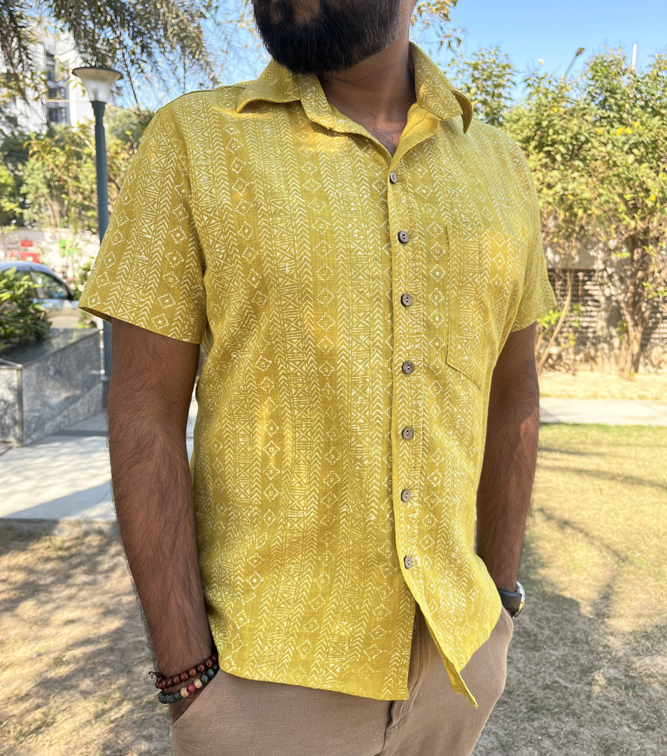 Mustard Block Print Cotton Half Sleeve Men Shirt