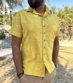 Load image into Gallery viewer, Mustard Block Print Cotton Half Sleeve Men Shirt
