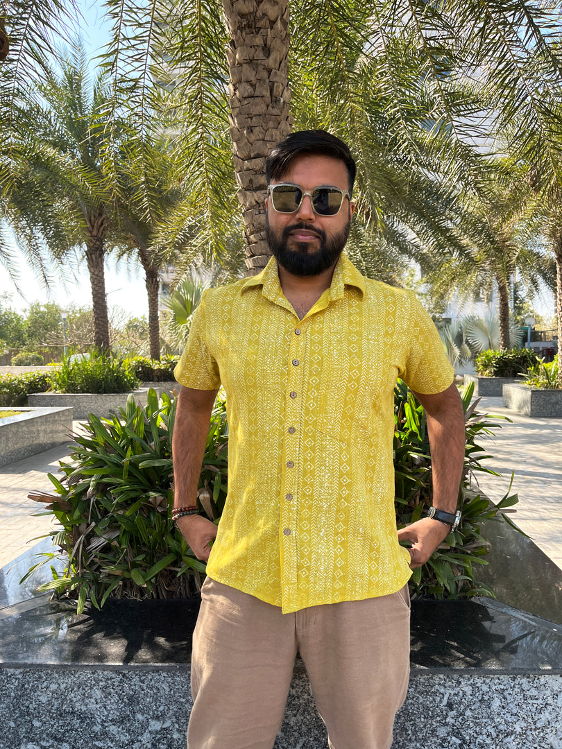 Mustard Block Print Cotton Half Sleeve Men Shirt