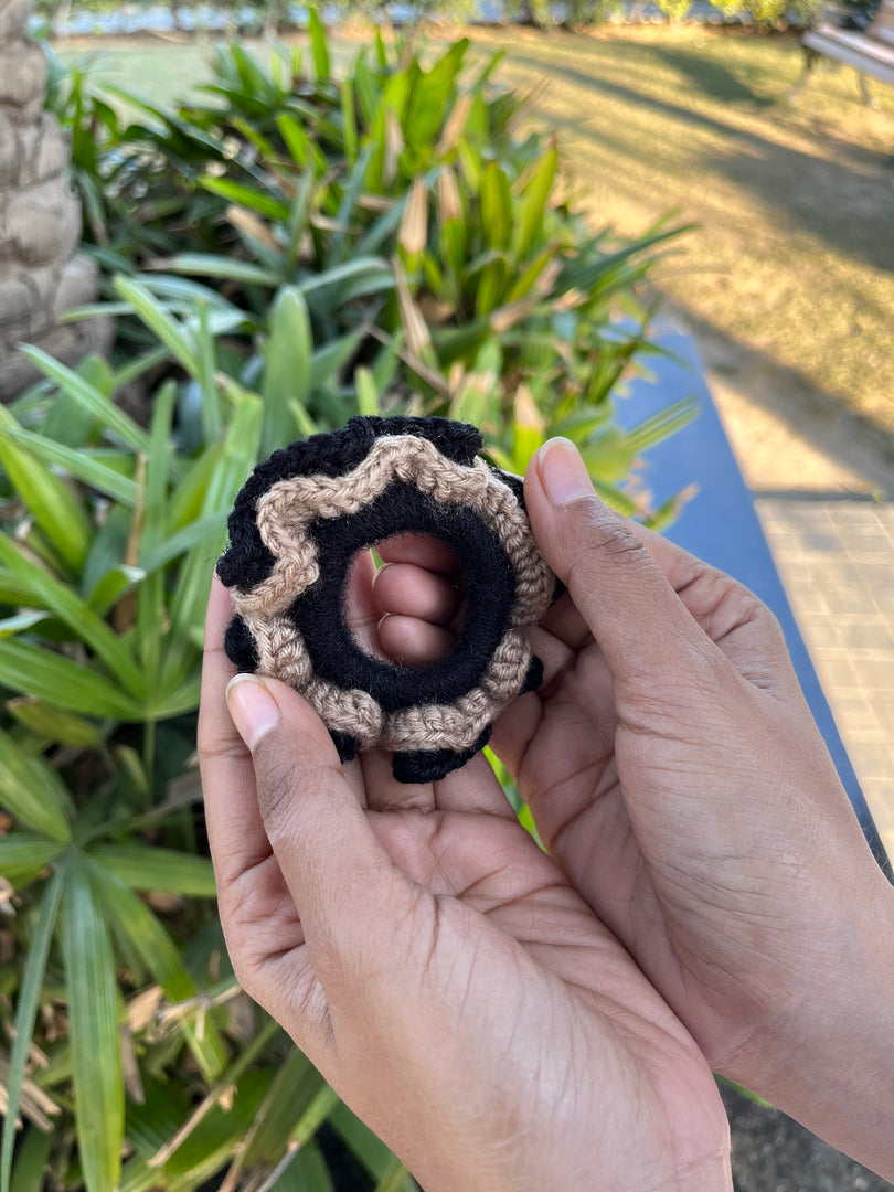 Beige Black Layered Crochet Scrunchie