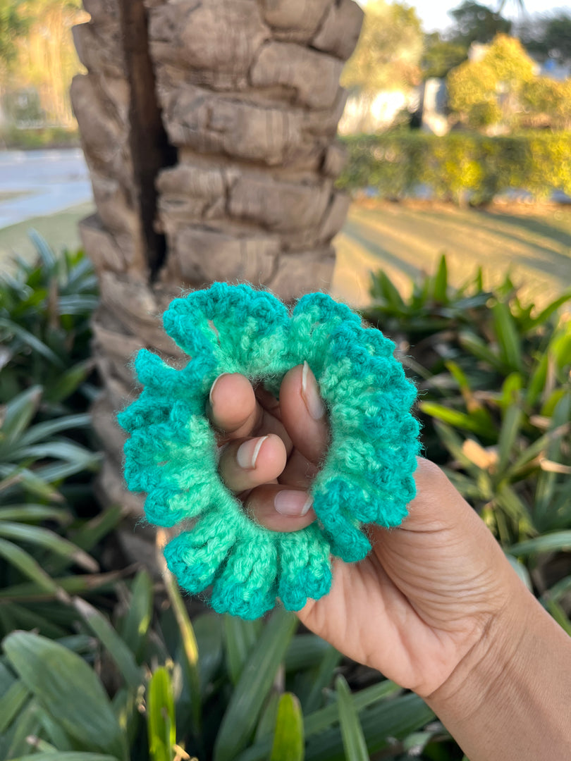Green Hibiscus Crochet Scrunchie