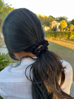 Load image into Gallery viewer, Black Bubbles Crochet Scrunchie
