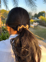 Load image into Gallery viewer, Beige Black Layered Crochet Scrunchie
