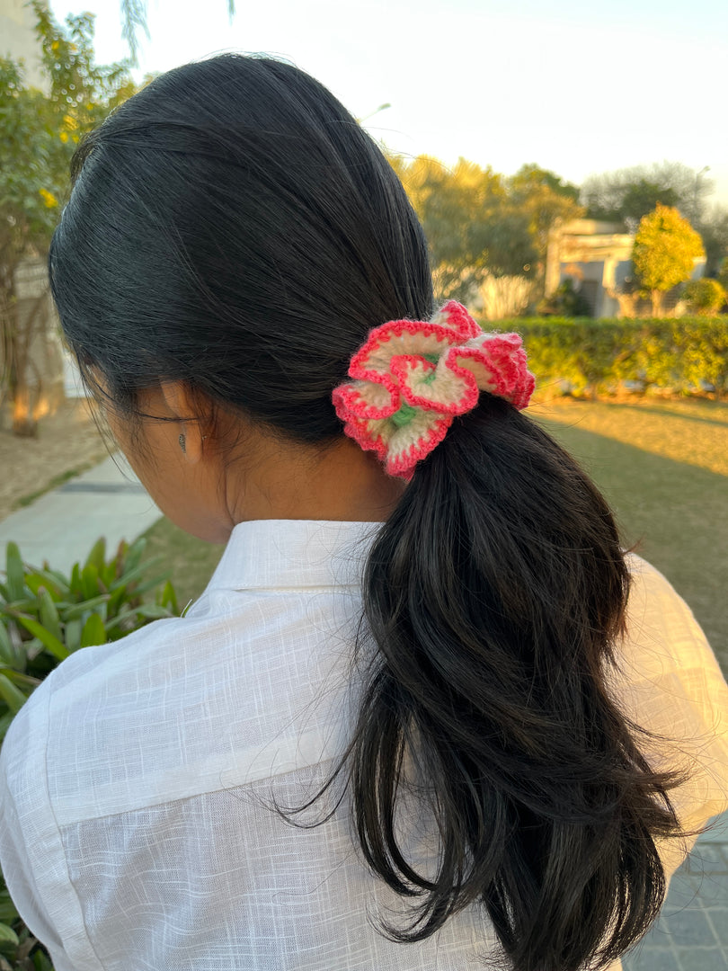 Pink Hibiscus Crochet Scrunchie