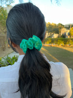 Load image into Gallery viewer, Green Hibiscus Crochet Scrunchie
