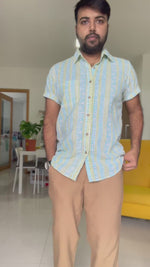 Load and play video in Gallery viewer, Blue Stripe Cotton Half Sleeve Men Shirt
