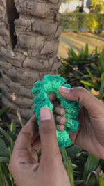 Load and play video in Gallery viewer, Green Hibiscus Crochet Scrunchie
