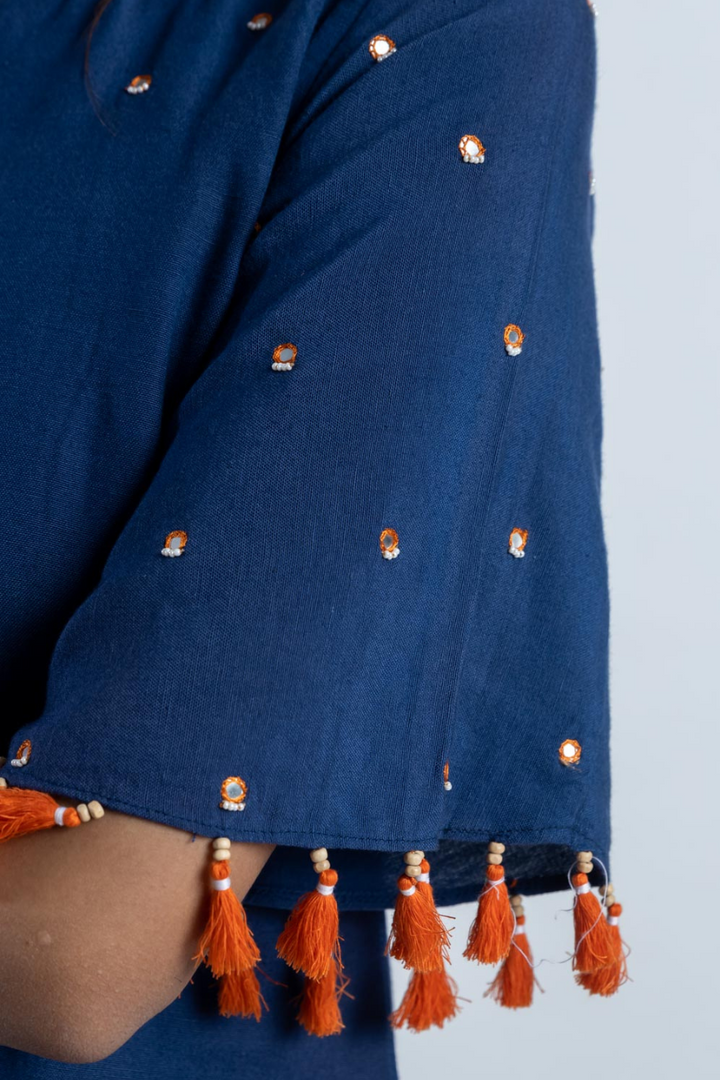 Navy Blue Mirror-work Dress with Tassels